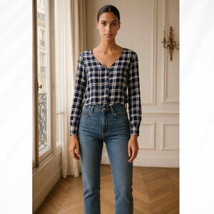 🦋 ABERCROMBIE & FITCH Dark Blue Plaid Crop Top Blouse XS Boho Indie Casual